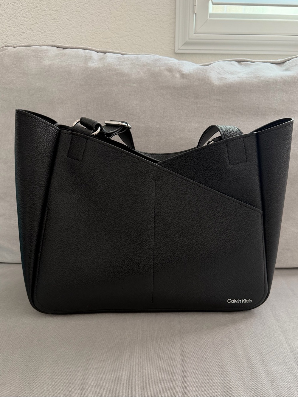 Calvin Klein Zoe Black Vegan Leather Pebbled Tote with Diagonal Panel